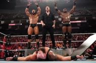 The unofficial team of Drew McIntyre, Baron Corbin, and Bobby Lashley put Braun Strowman through a stack of two tables using the Shield's signature move - the Triple Powerbomb.